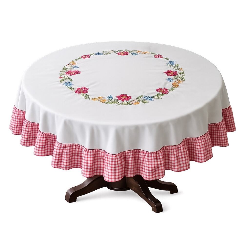 Flower Embroidery Round Tablecloth 70" Red Gingham Ruffle Cottage Core READ